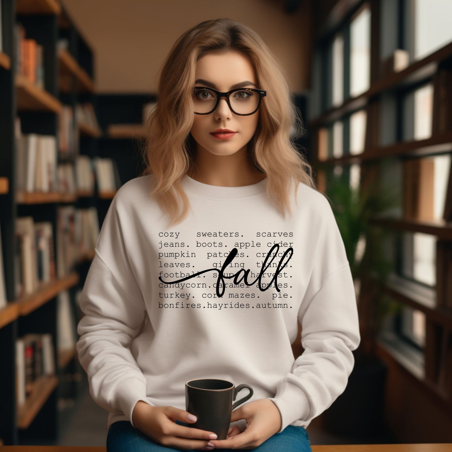 Woman wearing a cozy white crewneck sweatshirt with black typography listing fall words like cozy sweaters, scarves, jeans, boots, apple cider, and more, with the word ‘fall’ in script across the center — perfect autumn fashion for pumpkin patches, coffee dates, and chilly nights