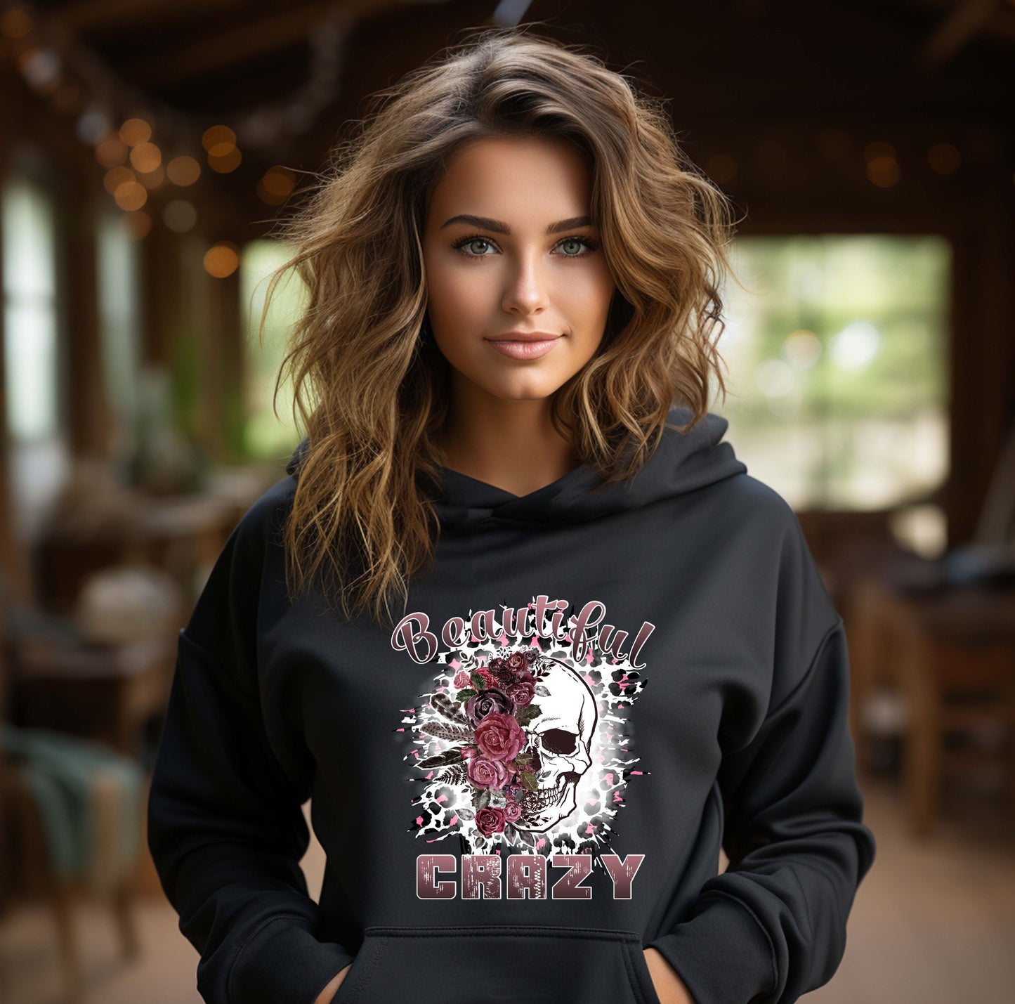 Beautiful Crazy Skull Hoodie with Roses – Women’s Graphic Skull Sweatshirt