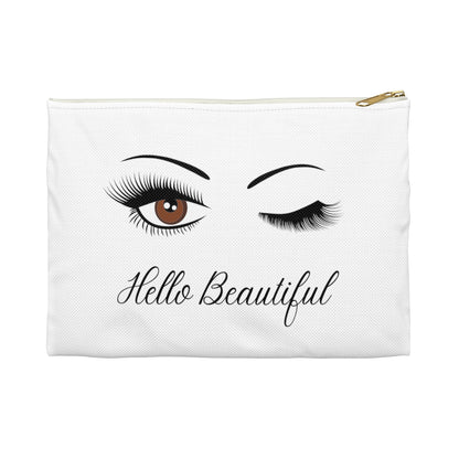 Brown Winking Eyes Makeup bag for Women, Cosmetic Bag Aesthetic Design, Pencil Case for Girls, Cute Winking Eyes Makeup Organizer with Zipper - White