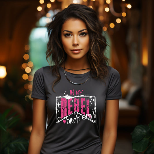 Woman wearing black "In My Rebel Bitch Era" graphic t-shirt with pink and white distressed lettering, edgy bold fashion statement