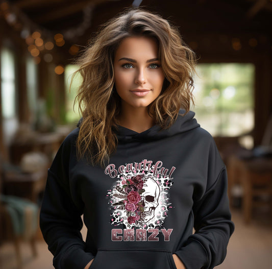 Beautiful Crazy Skull Hoodie with Roses – Women’s Graphic Skull Sweatshirt